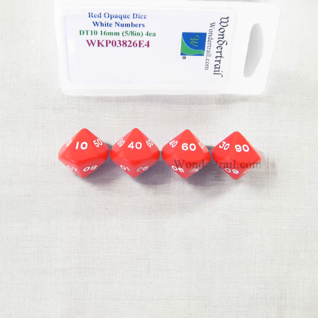 WKP03826E4 Red Opaque Dice White Numbers DT10 16mm Pack of 4