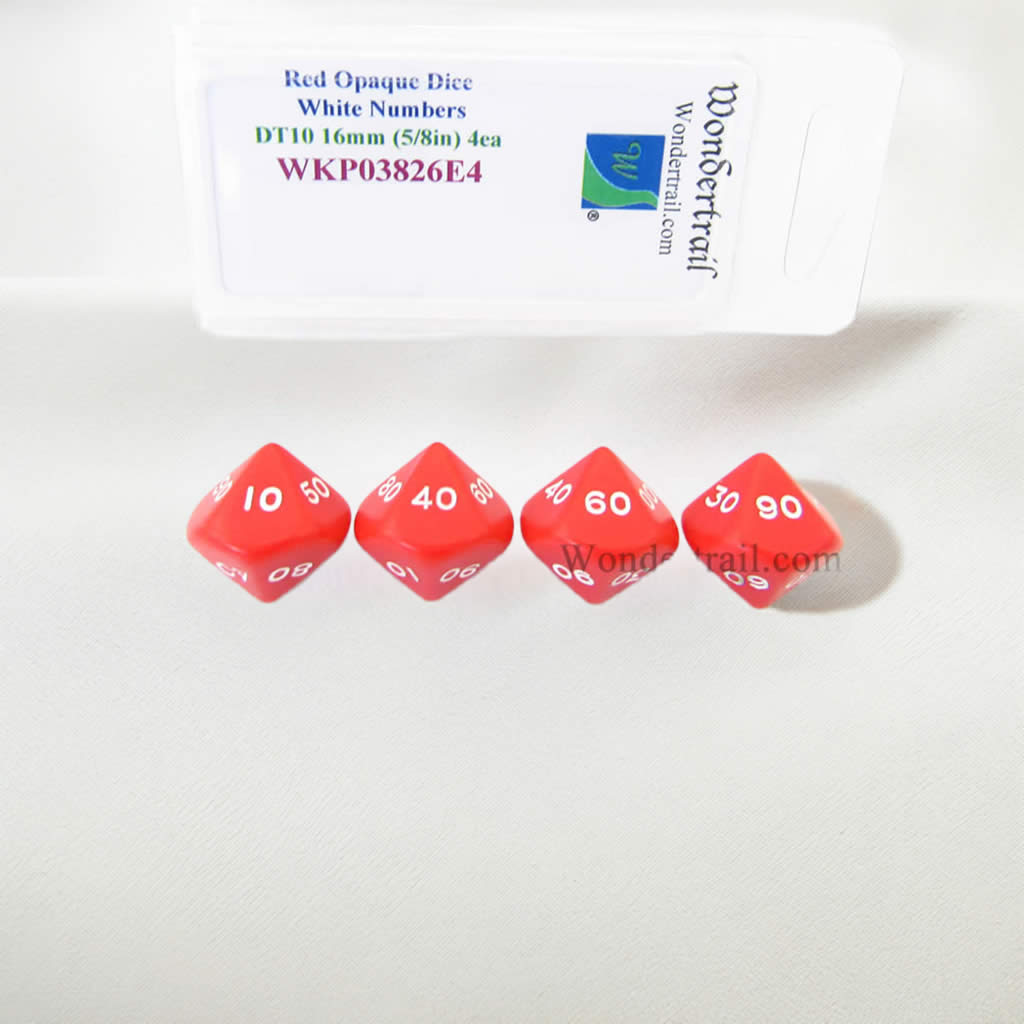 WKP03826E4 Red Opaque Dice White Numbers DT10 16mm Pack of 4