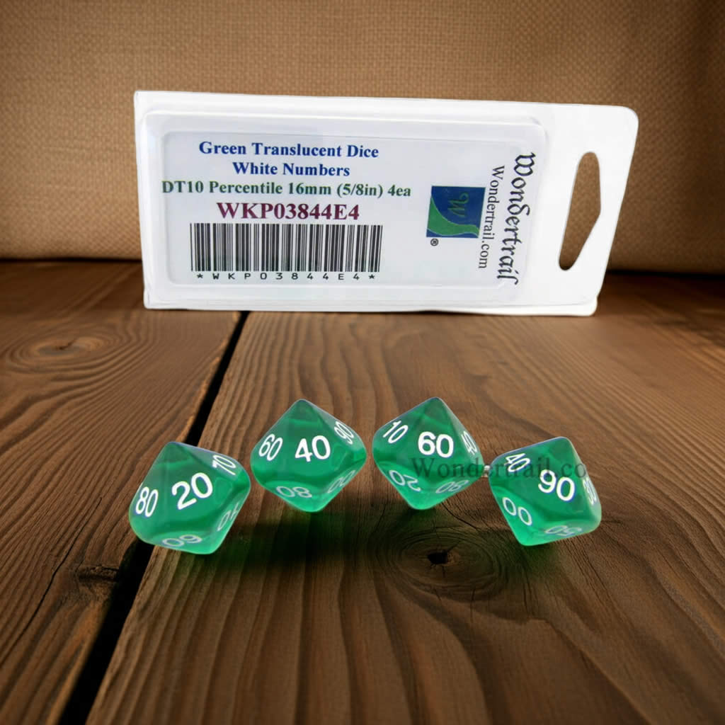 WKP03844E4 Green Transparent Dice with White Numbers DT10 16mm (5/8in) Pack of 4 Dice