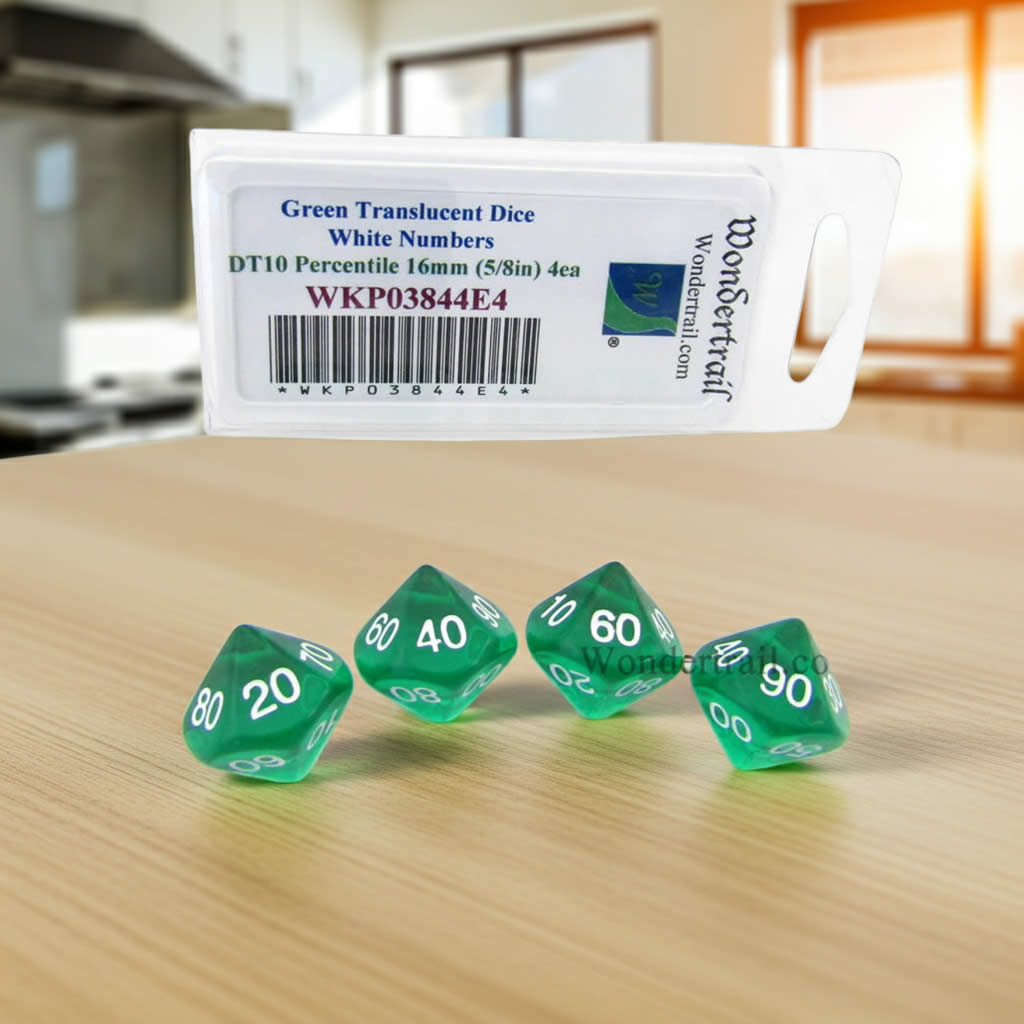 WKP03844E4 Green Transparent Dice with White Numbers DT10 16mm (5/8in) Pack of 4 Dice