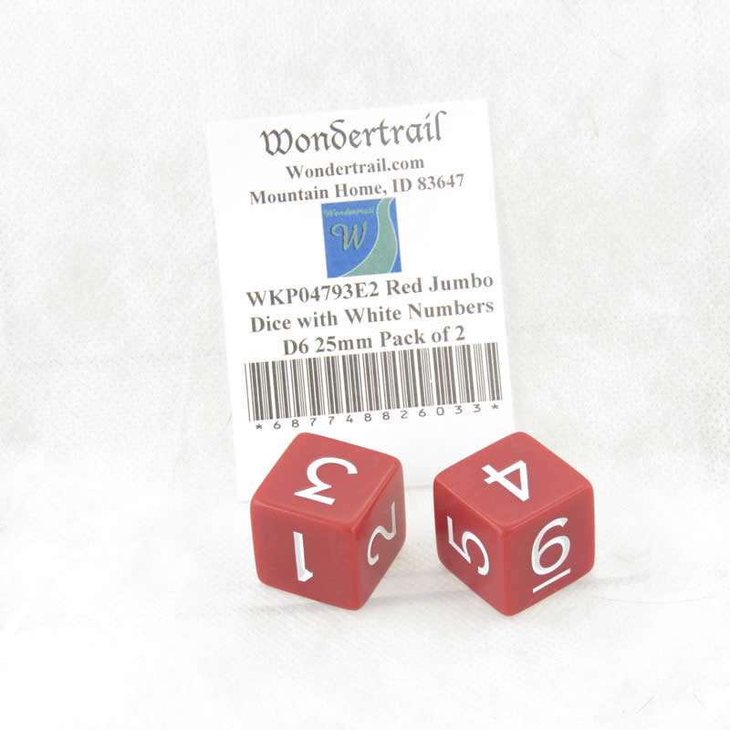 WKP04793E2 Red Jumbo Dice with White Numbers D6 25mm Pack of 2