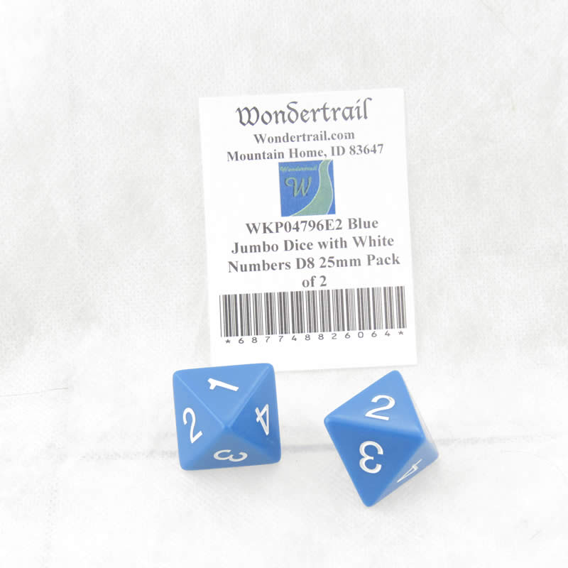 WKP04796E2 Blue Jumbo Dice with White Numbers D8 25mm Pack of 2