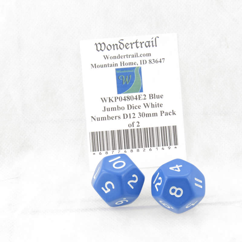 WKP04804E2 Blue Jumbo Dice White Numbers D12 30mm Pack of 2
