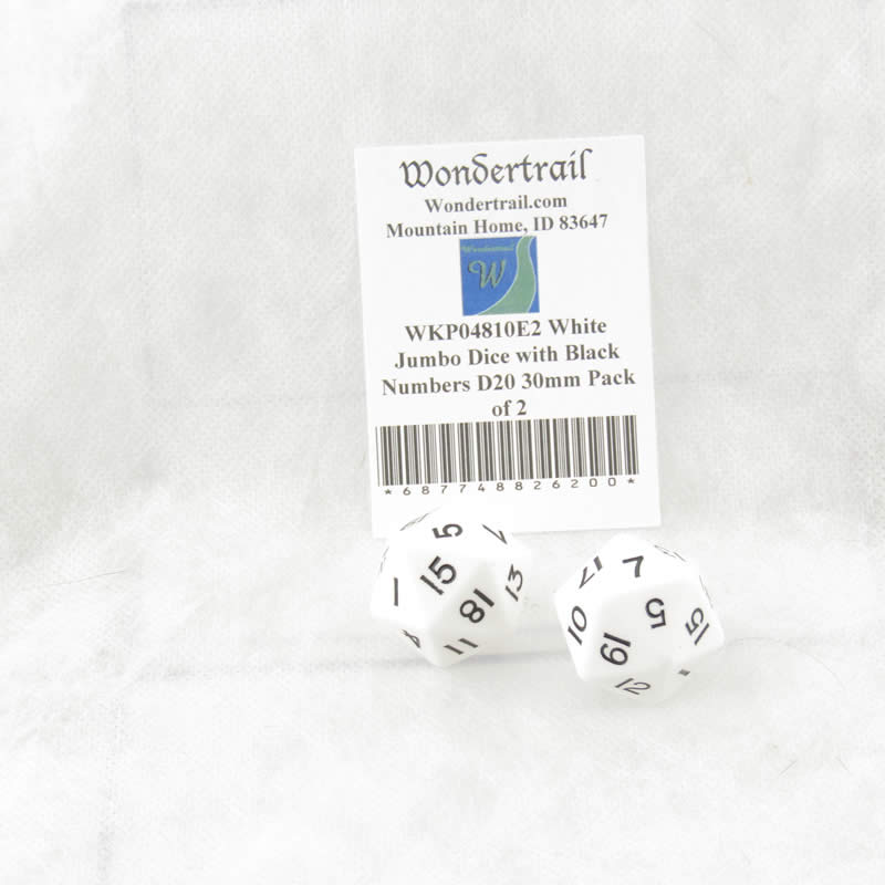 WKP04810E2 White Jumbo Dice with Black Numbers D20 30mm Pack of 2