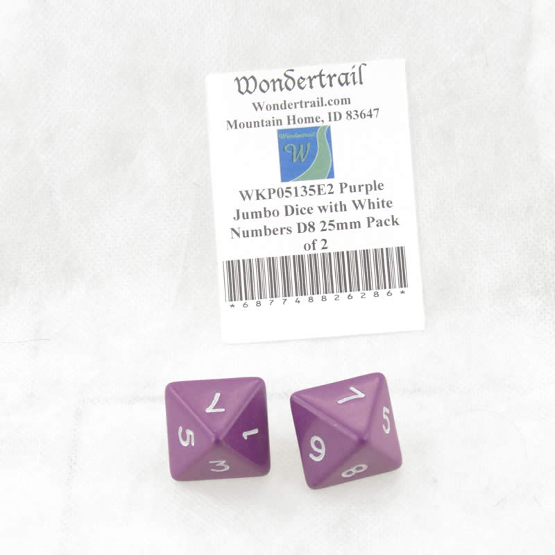 WKP05135E2 Purple Jumbo Dice with White Numbers D8 25mm Pack of 2