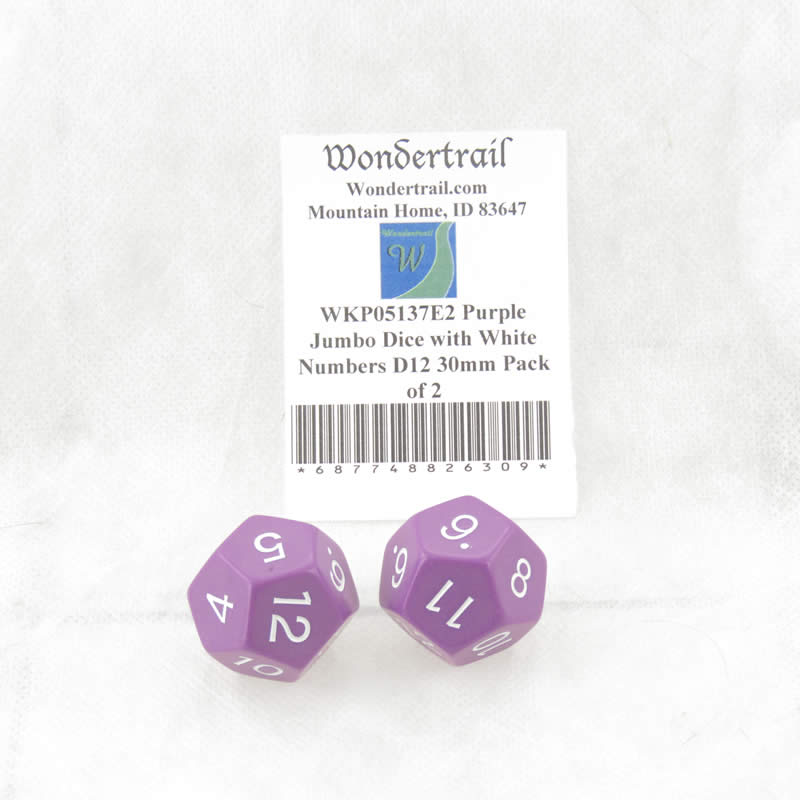WKP05137E2 Purple Jumbo Dice with White Numbers D12 30mm Pack of 2