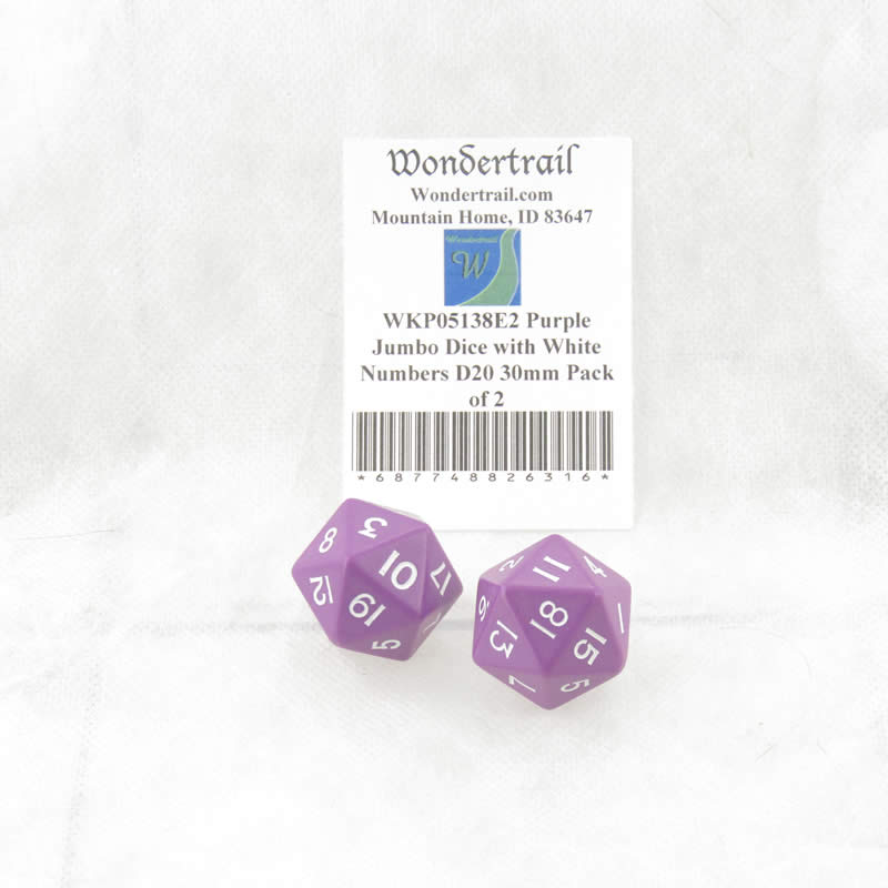 WKP05138E2 Purple Jumbo Dice with White Numbers D20 30mm Pack of 2