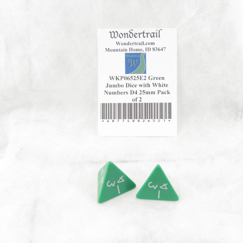 WKP06525E2 Green Jumbo Dice with White Numbers D4 25mm Pack of 2