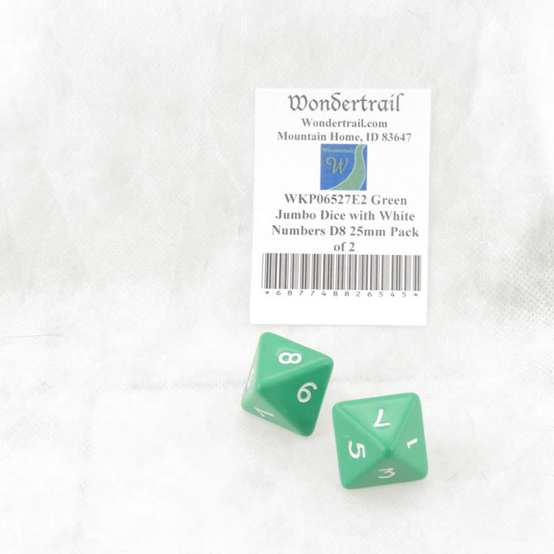 WKP06527E2 Green Jumbo Dice with White Numbers D8 25mm Pack of 2