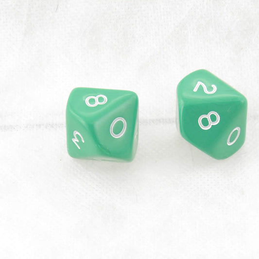 WKP06528E2 Green Jumbo Dice with White Numbers D10 25mm Pack of 2