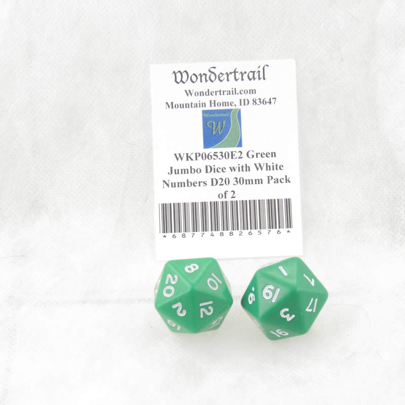 WKP06530E2 Green Jumbo Dice with White Numbers D20 30mm Pack of 2