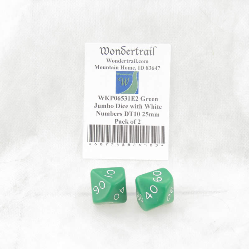 WKP06531E2 Green Jumbo Dice with White Numbers DT10 25mm Pack of 2