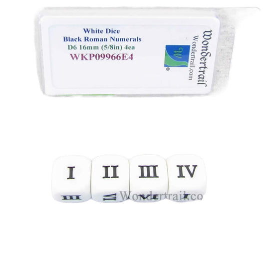 WKP09966E4 White Dice with Black Roman Numeral D6 16mm (5/8in) Pack of 4 Dice