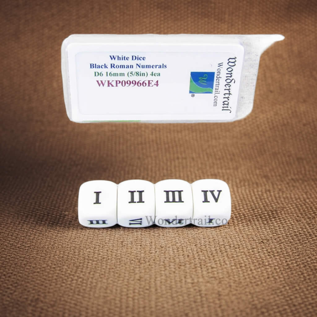 WKP09966E4 White Dice with Black Roman Numeral D6 16mm (5/8in) Pack of 4 Dice