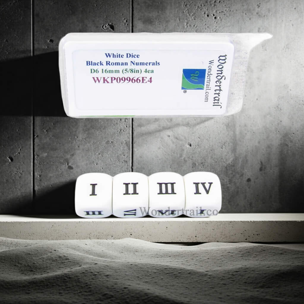 WKP09966E4 White Dice with Black Roman Numeral D6 16mm (5/8in) Pack of 4 Dice