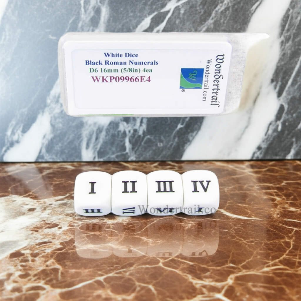 WKP09966E4 White Dice with Black Roman Numeral D6 16mm (5/8in) Pack of 4 Dice