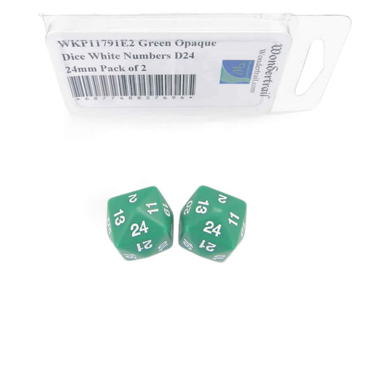 WKP11791E2 Green Opaque Dice White Numbers D24 24mm Pack of 2