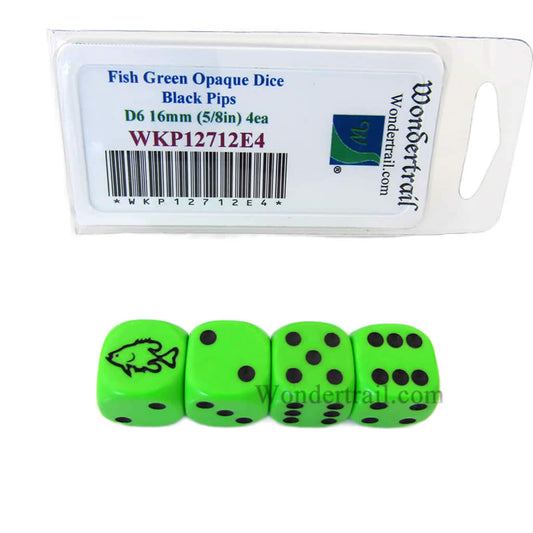 WKP12712E4 Fish Dice Green Opaque with Black Pips D6 16mm (5/8in) Set of 4 Dice