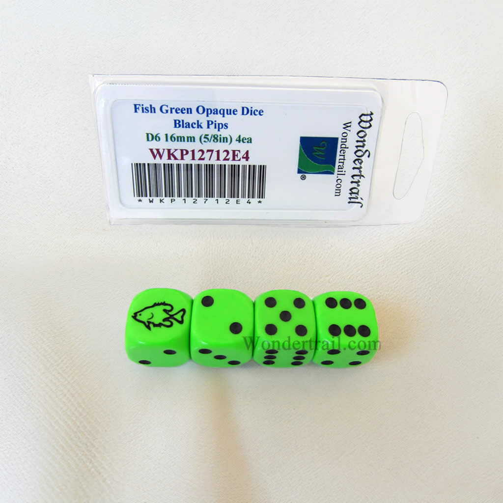 WKP12712E4 Fish Dice Green Opaque with Black Pips D6 16mm (5/8in) Set of 4 Dice
