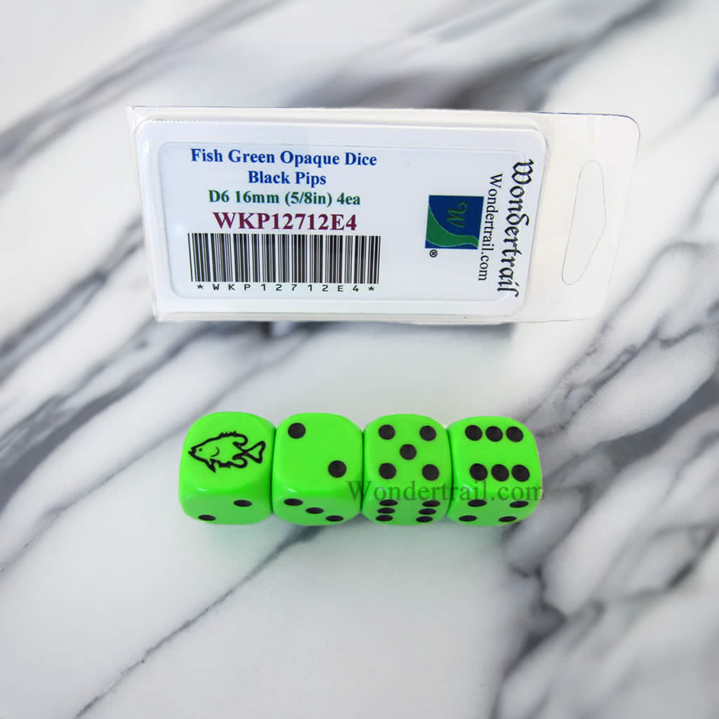 WKP12712E4 Fish Dice Green Opaque with Black Pips D6 16mm (5/8in) Set of 4 Dice