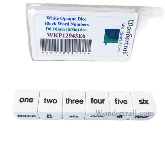 WKP12943E6 White Opaque Dice with Black Word Numbers D6 16mm (5/8in) Set of 6 Dice