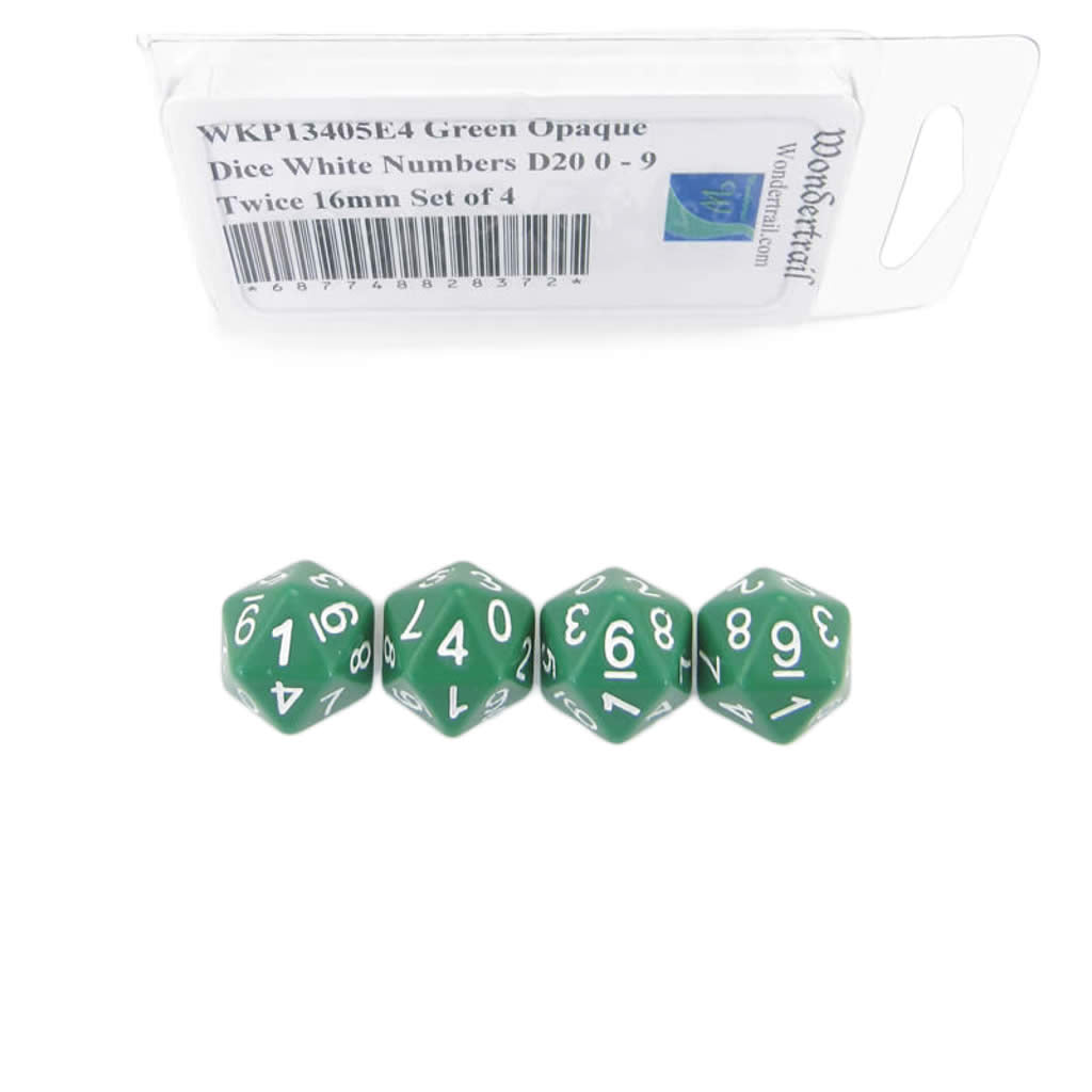 WKP13405E4 Green Opaque Dice with White Numbers D20 0 - 9 Twice 16mm (5/8in) Set of 4 Dice