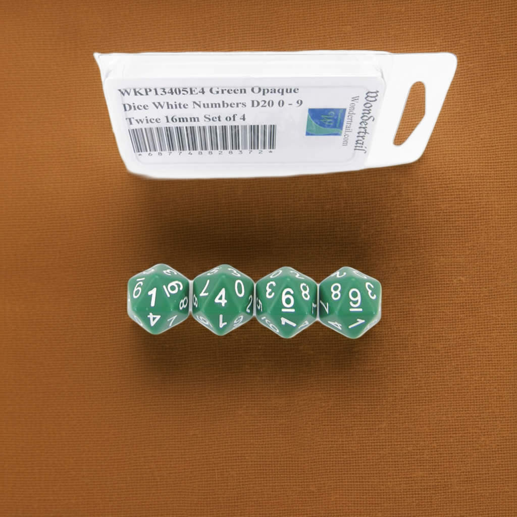 WKP13405E4 Green Opaque Dice with White Numbers D20 0 - 9 Twice 16mm (5/8in) Set of 4 Dice