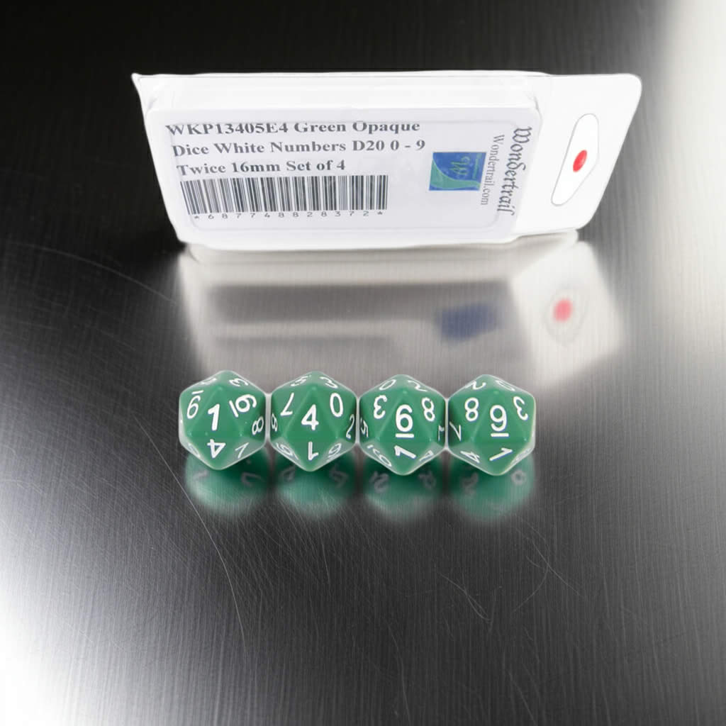 WKP13405E4 Green Opaque Dice with White Numbers D20 0 - 9 Twice 16mm (5/8in) Set of 4 Dice