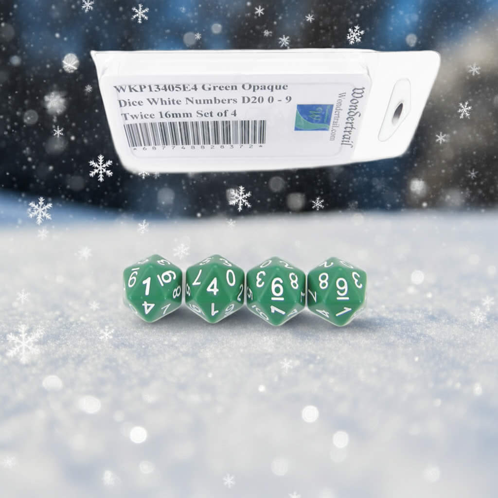 WKP13405E4 Green Opaque Dice with White Numbers D20 0 - 9 Twice 16mm (5/8in) Set of 4 Dice
