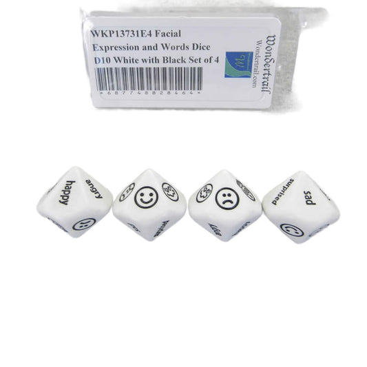 WKP13731E4 Facial Expression and Words Dice D10 White with Black Set of 4