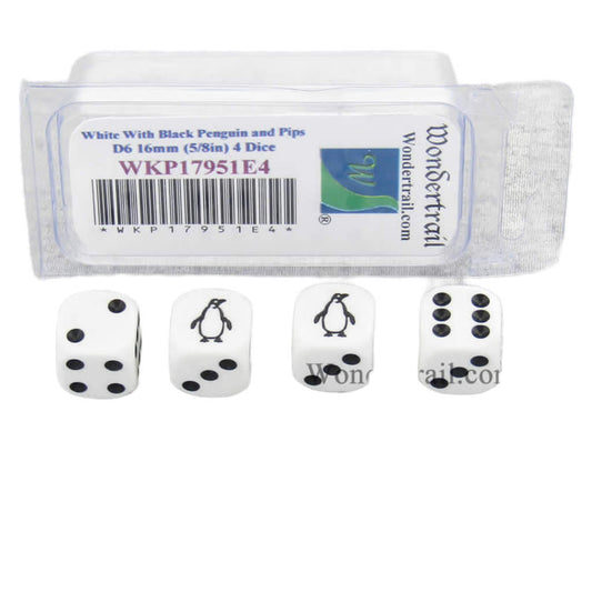 WKP17951E4 Penguin Dice White Opaque with Black Pips D6 16mm Set of 4