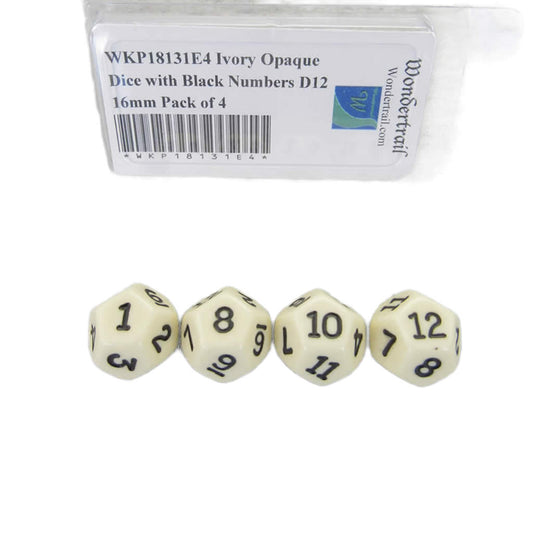 WKP18131E4 Ivory Opaque Dice with Black Numbers D12 16mm Pack of 4
