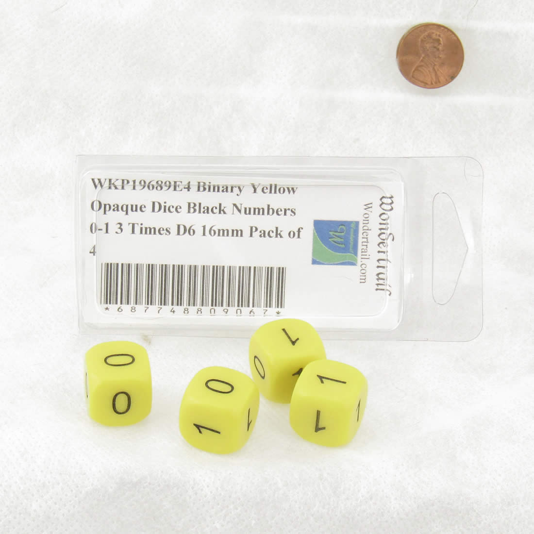 WKP19689E4 Binary Yellow Opaque Dice Black Numbers 0-1 3 Times D6 16mm Pack of 4 Dice