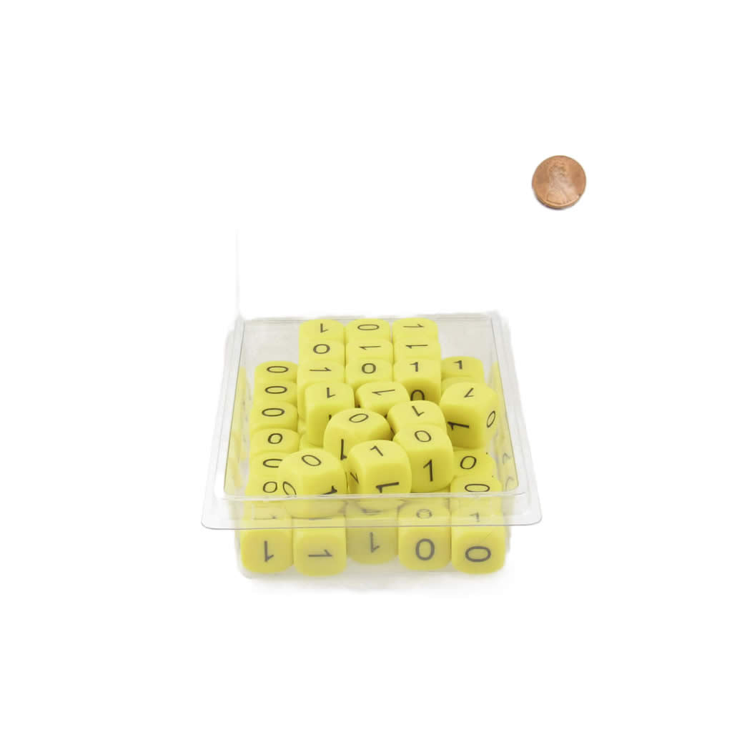 WKP19689E50 Binary Yellow Opaque Dice Black Numbers 0-1 3 Times D6 16mm Pack of 50