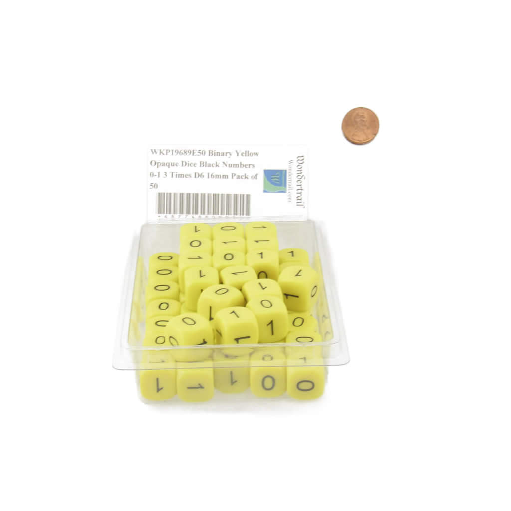 WKP19689E50 Binary Yellow Opaque Dice Black Numbers 0-1 3 Times D6 16mm Pack of 50