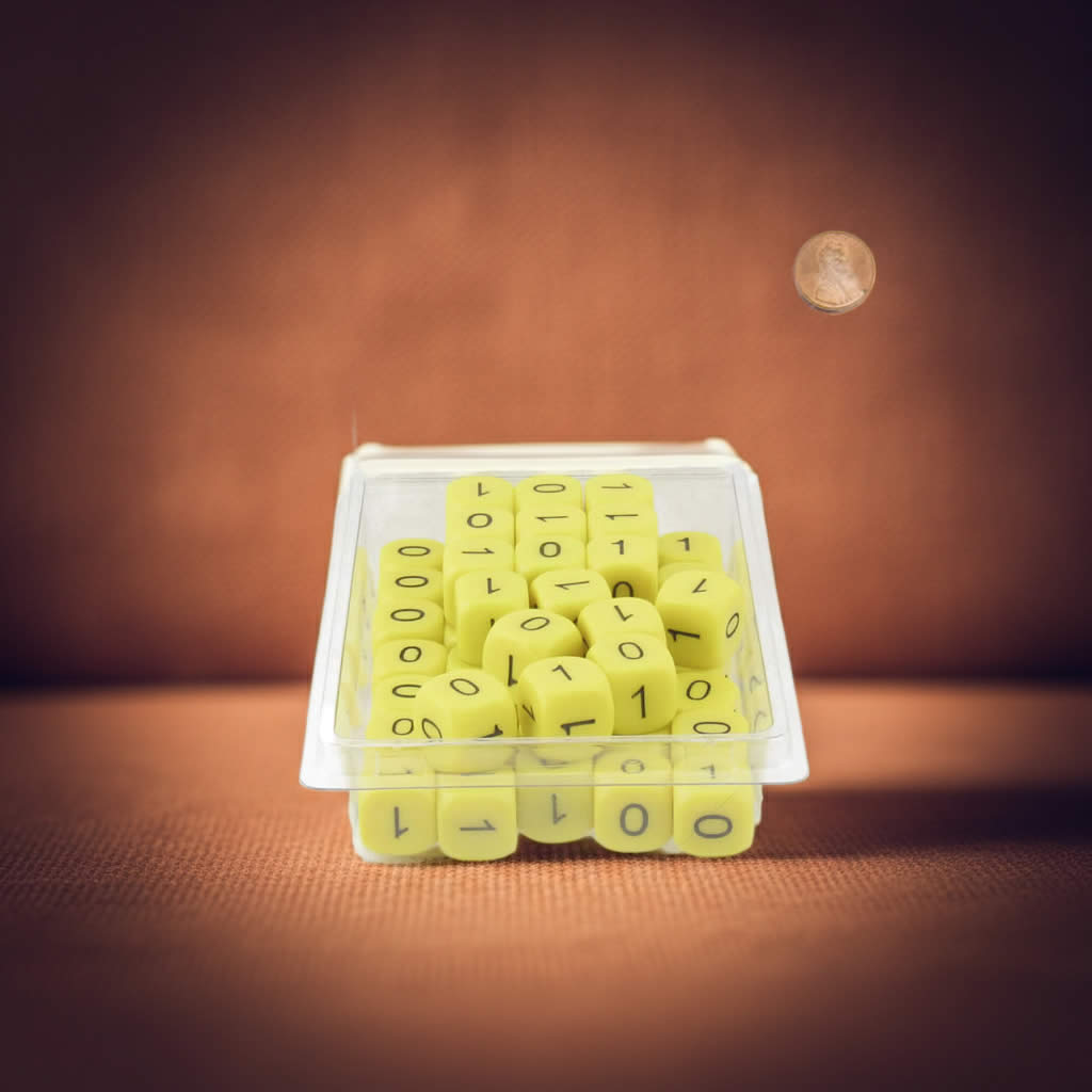 WKP19689E50 Binary Yellow Opaque Dice Black Numbers 0-1 3 Times D6 16mm Pack of 50