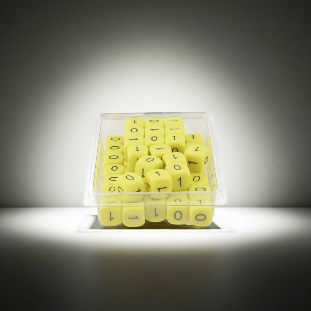 WKP19689E50 Binary Yellow Opaque Dice Black Numbers 0-1 3 Times D6 16mm Pack of 50