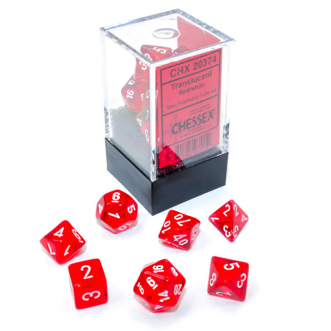 CHX20374 Red Translucent Mini Dice with White Numbers 10mm (3/8in) Set of 7 Main Image