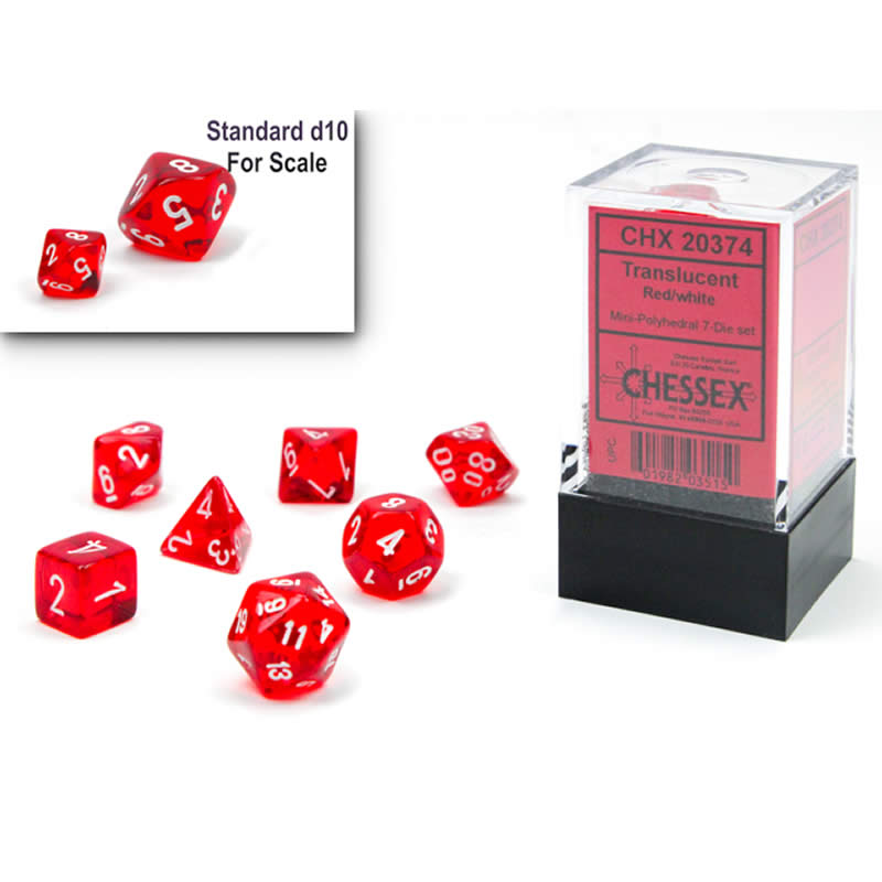 CHX20374 Red Translucent Mini Dice with White Numbers 10mm (3/8in) Set of 7 2nd Image
