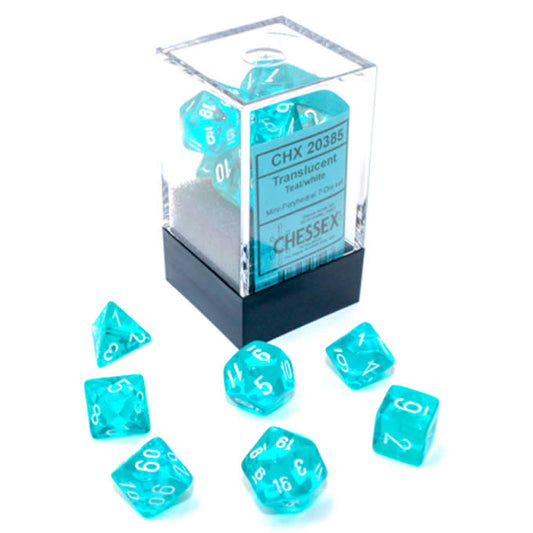 CHX20385 Teal Translucent Mini Dice with White Numbers 10mm (3/8in) Set of 7 Main Image