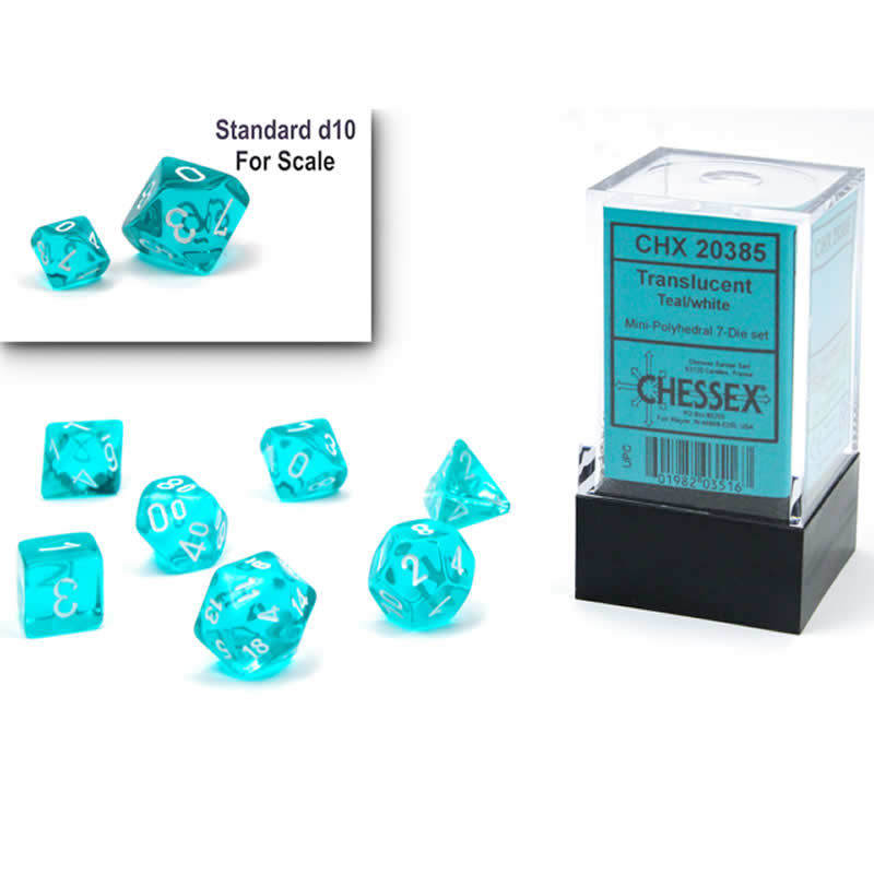 CHX20385 Teal Translucent Mini Dice with White Numbers 10mm (3/8in) Set of 7 2nd Image