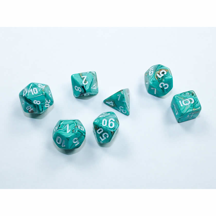 CHX20403 Oxi-Copper Marble Mini Dice with White Numbers 10mm (3/8in) Set of 7 Chessex