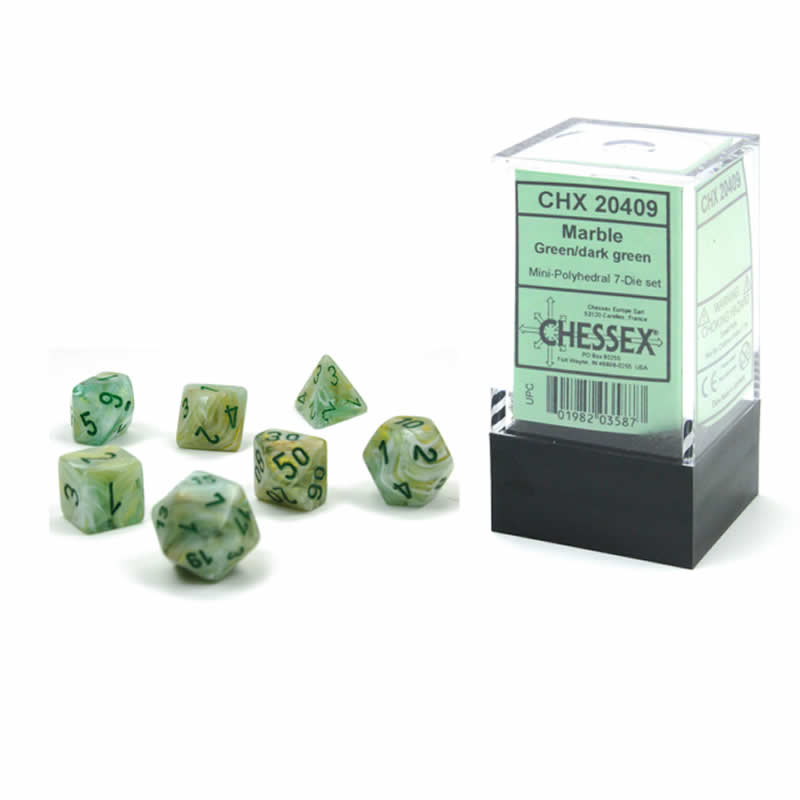 CHX20409 Green Marble Mini Dice with White Numbers 10mm (3/8in) Set of 7 Main Image