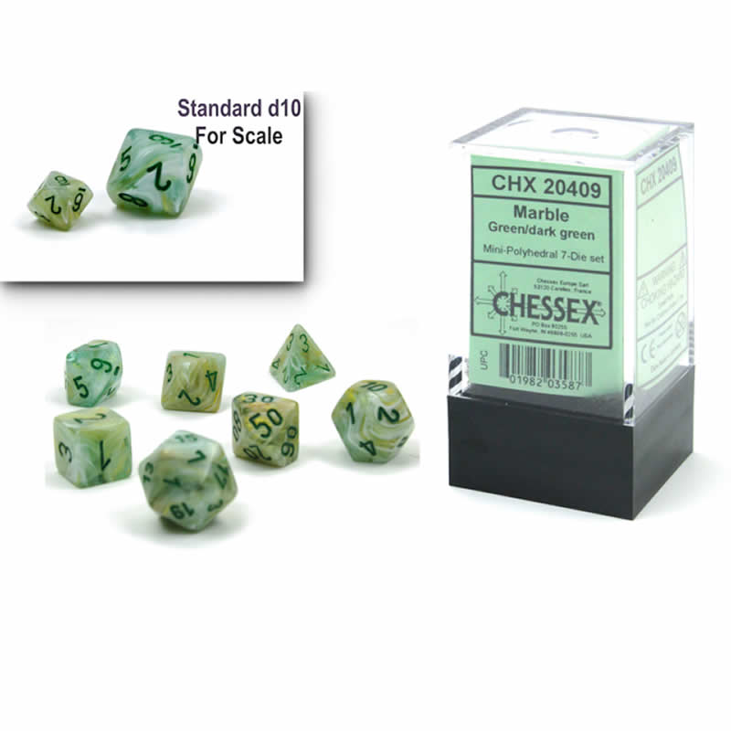 CHX20409 Green Marble Mini Dice with White Numbers 10mm (3/8in) Set of 7 2nd Image