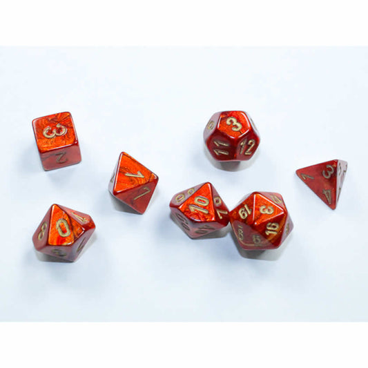 CHX20414 Scarlet Scarab Mini Dice with Gold Colored Numbers 10mm (3/8in) Set of 7
