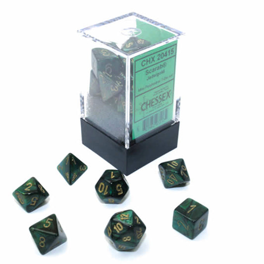 CHX20415 Jade Scarab Mini Dice with Gold Colored Numbers 10mm (3/8in) Set of 7 Main Image