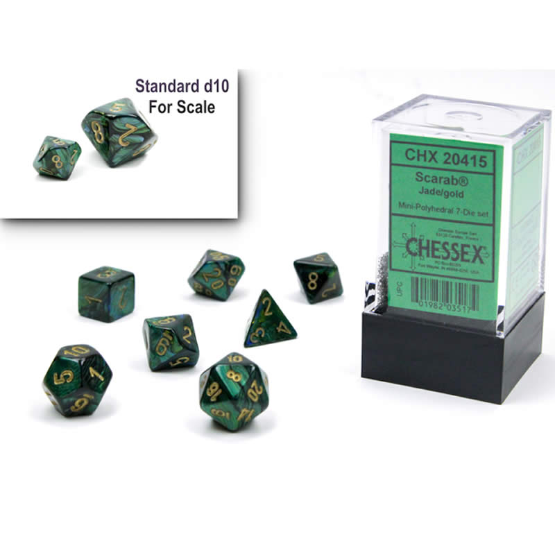 CHX20415 Jade Scarab Mini Dice with Gold Colored Numbers 10mm (3/8in) Set of 7 2nd Image