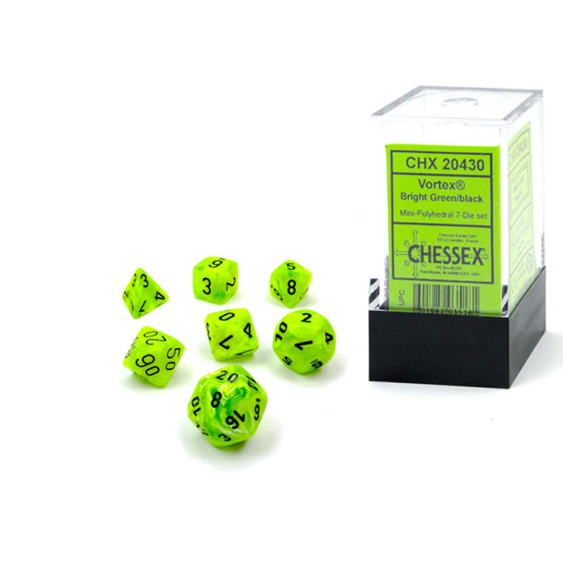 CHX20430 Bright Green Vortex Mini Dice with Black Numbers 10mm (3/8in) Set of 7 Main Image