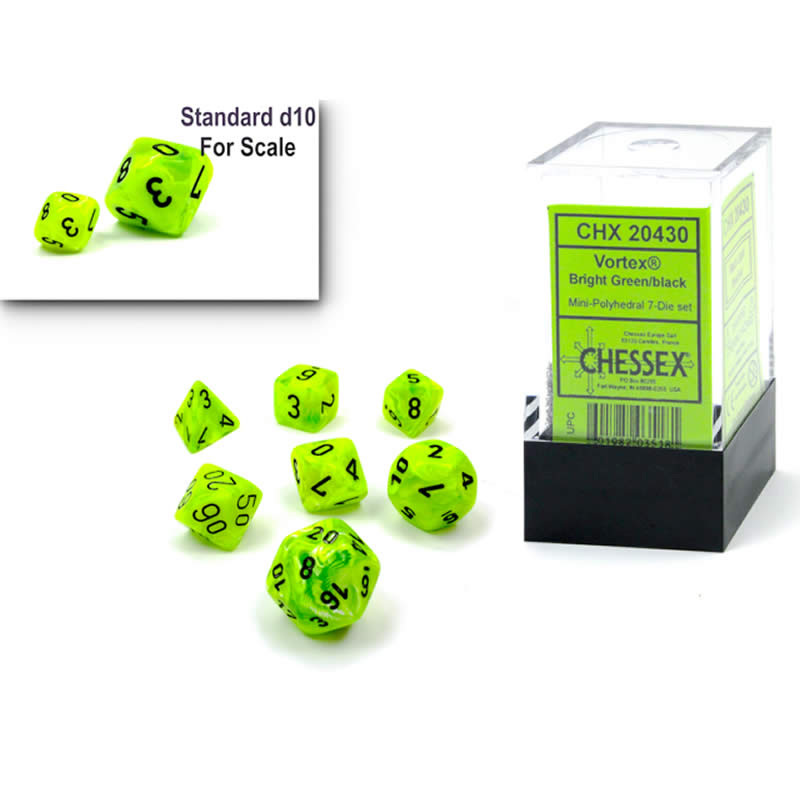CHX20430 Bright Green Vortex Mini Dice with Black Numbers 10mm (3/8in) Set of 7 2nd Image