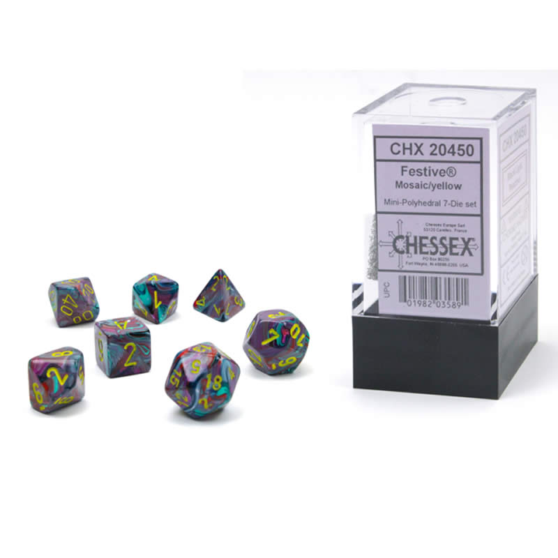 CHX20450 Mosaic Festive Mini Dice with Yellow Numbers 10mm (3/8in) Set of 7 Main Image